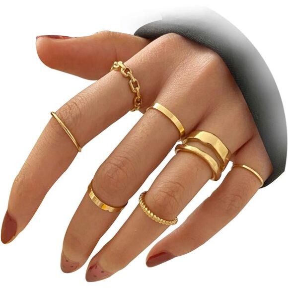 Jewelry - Gold Knuckle Rings Set – Snake Chain, Vintage BOHO Midi Rings, Mixed Sizes